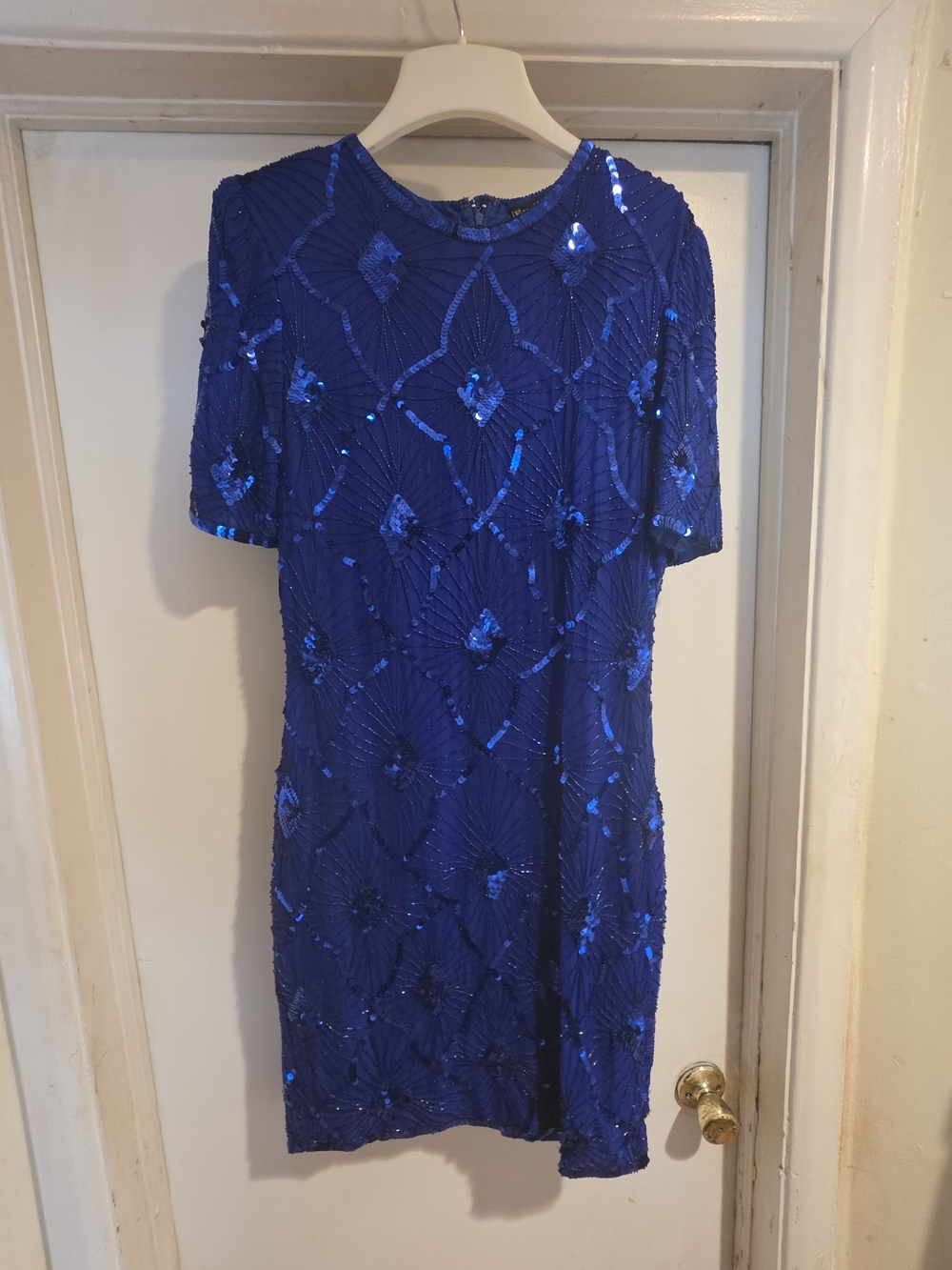 Vintage Royal Feelings Blue Sequin Short Sleeve Cocktail Dress, Size 10